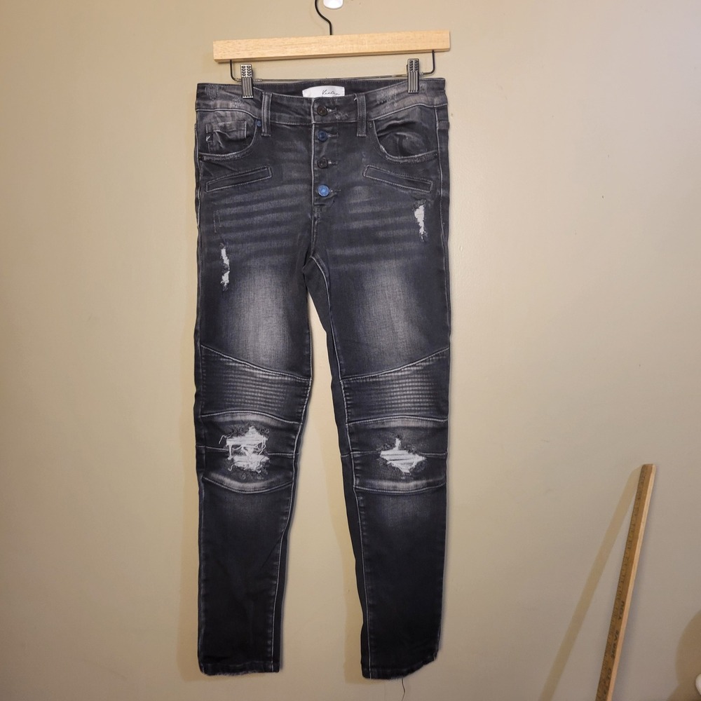 KanCan Black Washed Skinny Jeans with Distressed Knees